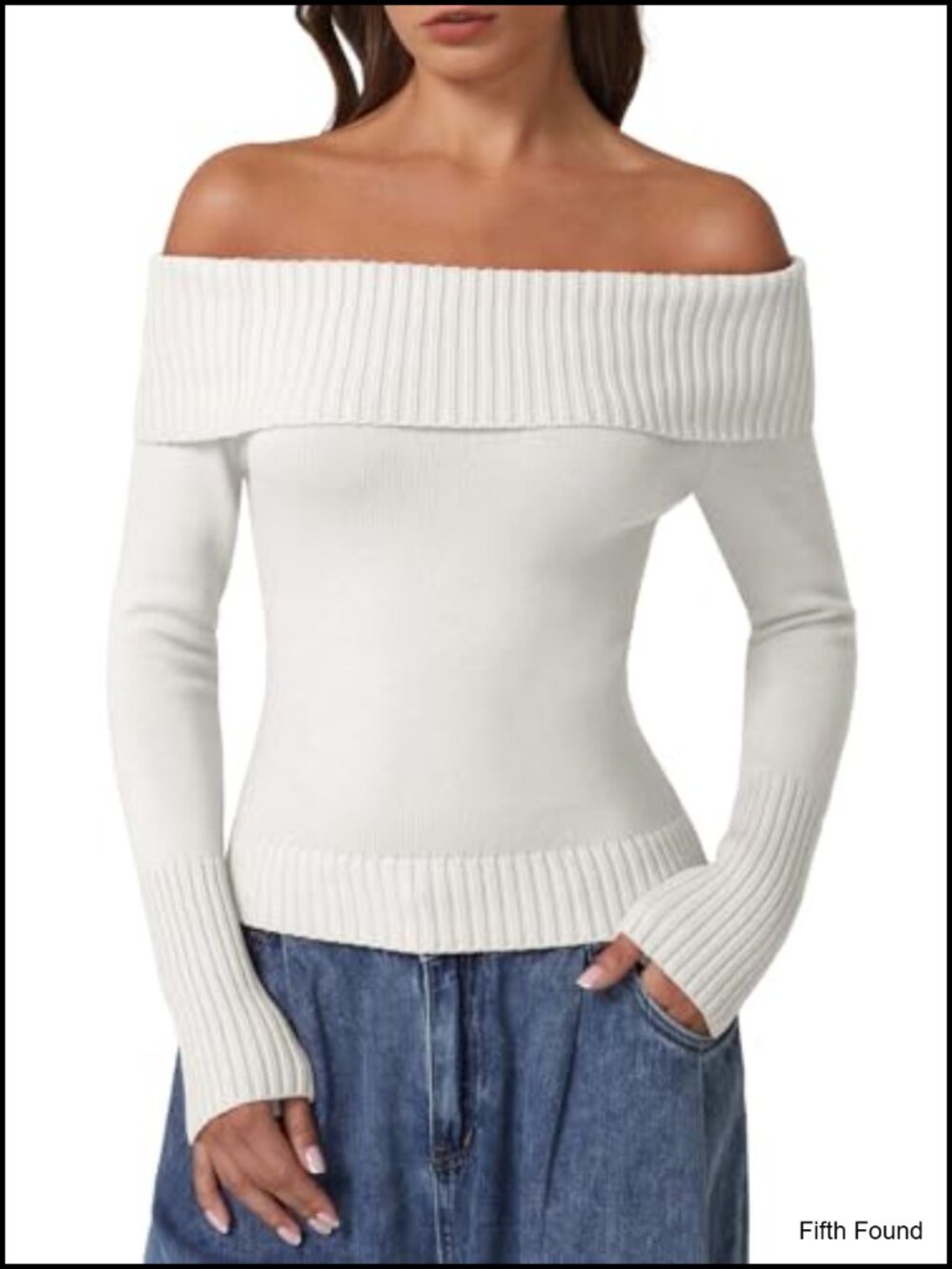 Cotton Off the Shoulder Sweater Long Sleeve Ribbed Knit Pullover